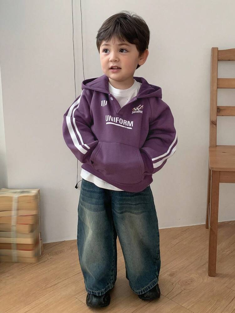Toddler Boys' Hooded Raglan Sleeve Side Stripe & English Letter Print Long Sleeve Sweatshirt
