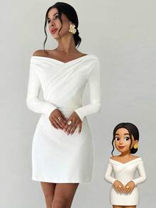Firerie Vestido mini blanco de línea A con cuello asimétrico con volantes, elegante y minimalista, adecuado para ir al trabajo, festivales de música y vacaciones - Blanco - Ver 2
