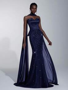 Elitara 优雅奢华重工水钻手工金属花朵贝壳领美人鱼尾正式女士晚礼服 - 藏蓝色 - 查看 1