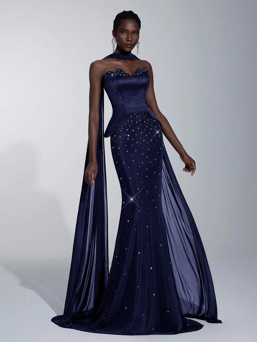 Elitara 优雅奢华重工水钻手工金属花朵贝壳领美人鱼尾正式女士晚礼服 - 藏蓝色 - 查看 1