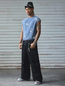 AXEPEAK 男士夏季休闲黑色无袖背心，做旧下摆，水钻装饰 - 藍色 - 查看 6