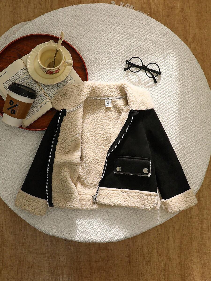 年轻女孩黑色仿麂皮羊毛复合夹克，采用柔软的麂皮羊毛复合纹理，衣领、下摆和袖口处饰有奶油色羊毛饰边，银色拉链开合，对称仿口袋，圆形纽扣装饰，剪裁剪裁融合了复古与时尚风格，秋冬