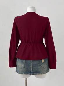 Flirla Plus Size V-Neck Ruffle Trim Casual Short Sleeve Blouse For Women Fall - Burgundy - View 2