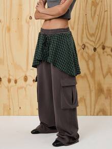 COUREZ Low Rise Oversized Cargo Joggers With Layered Check Skirt /Y2K Going Out For Women Spring For Women Rave Casual Wide Leg Pants - Black - View 5