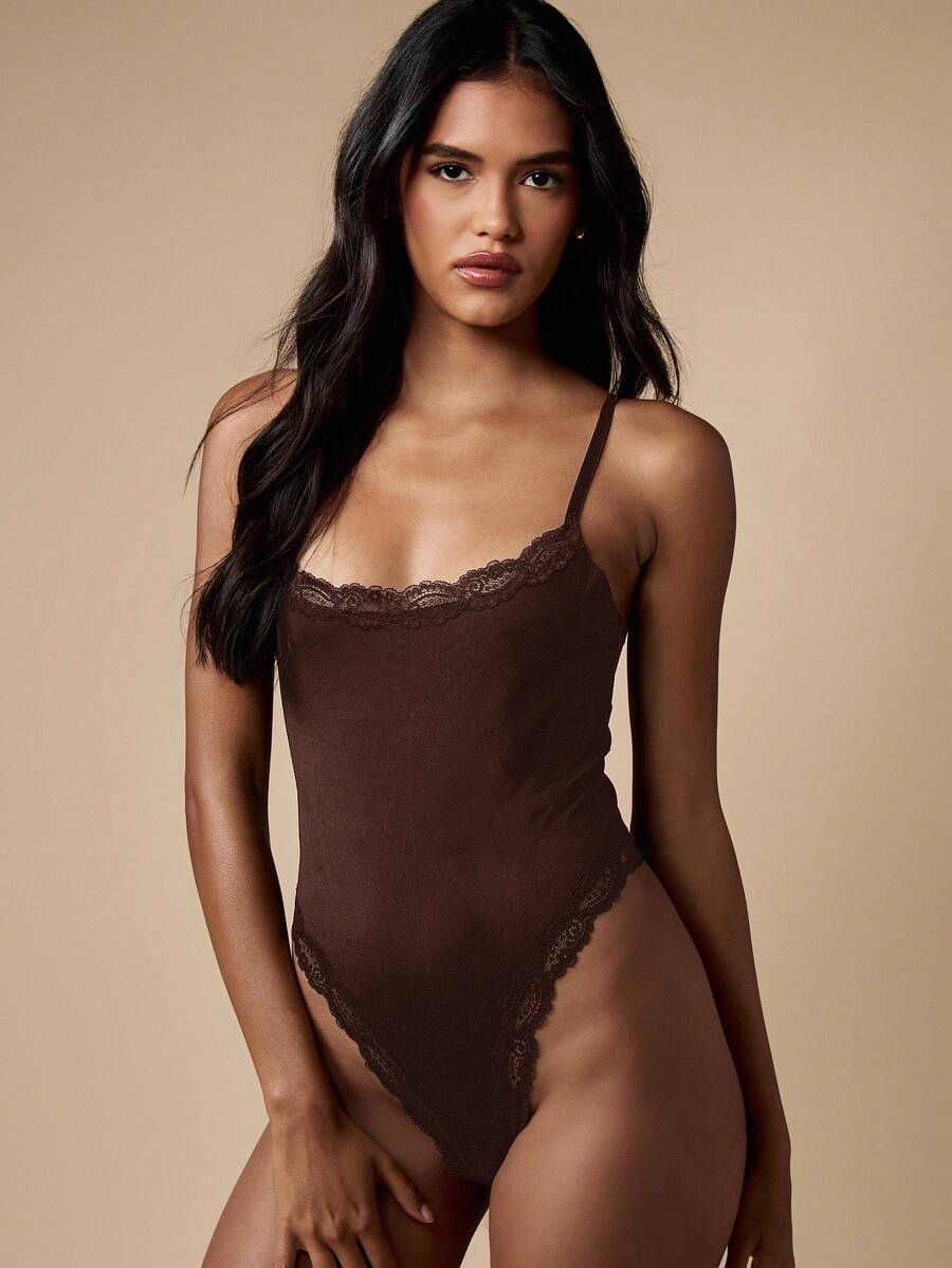 MISSGUIDED Luxury Seamless Bodysuit Lingerie With Floral Lace Trim High Cut One Piece Shapewear Thong Back Bodysuit Adjustable Straps Evening Wear - Brown - View 1