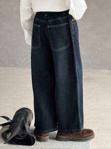 DAZY 男童宽松直筒牛仔裤，秋季街头休闲裤 - 深色水洗藍 - 查看 5