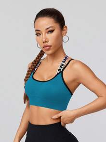 Easithlete Sexy Criss-Cross Back Letter Print Racerback Sports Bra With Adjustable Clasp Cross Back Sports Bra Color Block Sports Bra Workout Top Open Back Workout Tops Backless Open Back Gym Tops - Baby Blue - View 5