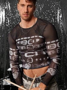 FeverCity Men Fashionable Mesh Patterned Fitted Casual Daily T-Shirt, Fall