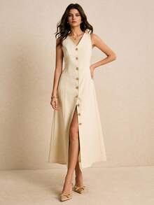 Poéselle Đầm suông không tay cổ chữ V họa tiết hoa kim loại thanh lịch cho nữ - Màu be - Xem 1