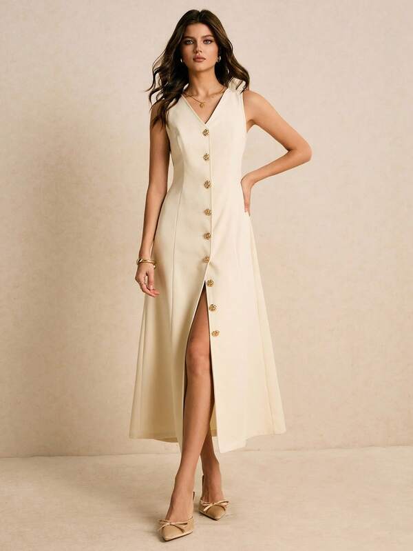 Poéselle 女式纯色V领金属花朵单排扣无袖优雅连衣裙