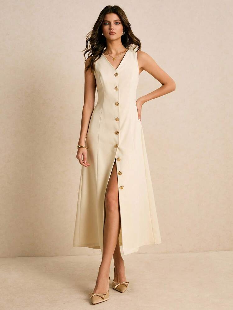 Poéselle 女式纯色V领金属花朵单排扣无袖优雅连衣裙 - 杏色 - 查看 1