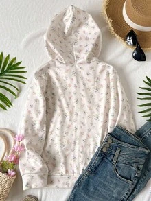 少女花卉印花连帽拉链长袖运动衫 - 彩色 - 查看 2