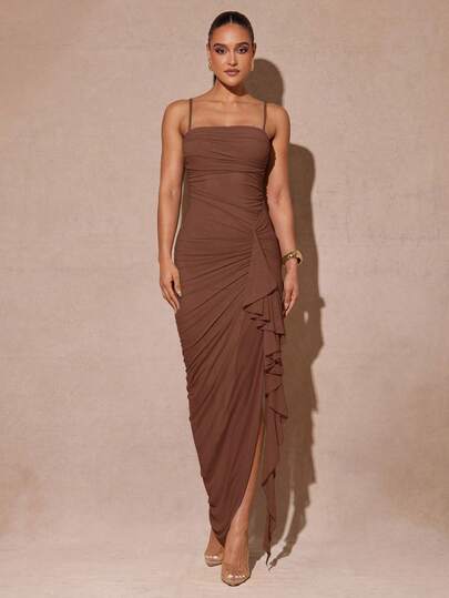 Silquee Váy xẻ tà cao tay bèo nhún lãng mạn màu xanh lá cây thanh lịch, đầm dự tiệc bodycon ren dành cho nữ, thích hợp cho ngày lễ tình nhân, hẹn hò, đám cưới, dạ hội