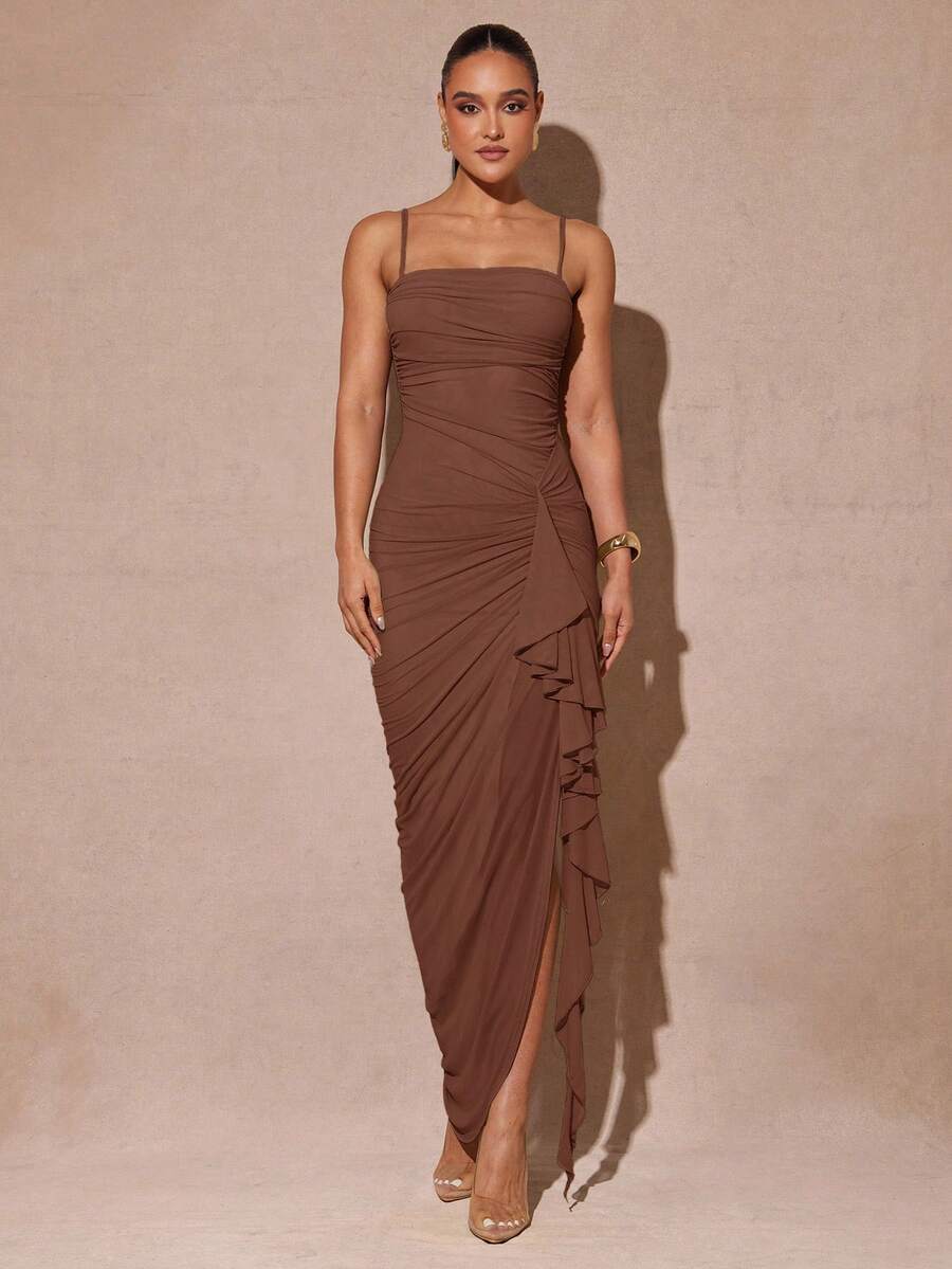 Silquee Elegant Sage Green Romantic Ruffle Sleeve High Slit Dress, Lace Bodycon Party Dress For Women, Suitable For Valentine's Day, Date, Wedding, Prom - Brown - View 1