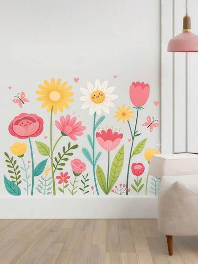 SHEIN 1件装卡通水彩蝴蝶花朵墙贴浴室家居装饰贴纸客厅卧室墙贴房间墙贴门贴房间装饰电视沙发背景墙装饰客厅装饰个性化贴纸