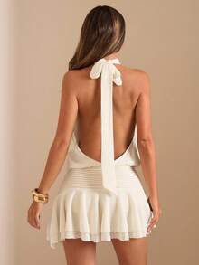 SHEIN BAE Váy ngắn hở lưng lưng thấp họa tiết màu mơ, váy mùa thu gợi cảm, phù hợp cho tiệc hộp đêm, đi chơi, trang phục mùa thu cho phụ nữ, phong cách cổ điển, tiệc cocktail, dịp trang trọng, váy phù dâu, váy ngắn sinh nhật - Màu be - Xem 3