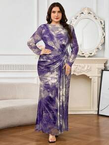 Modelyn Plus Size Women Tie-Dye Print Round Neck Long Sleeve Ruched Fitted Elegant Dress