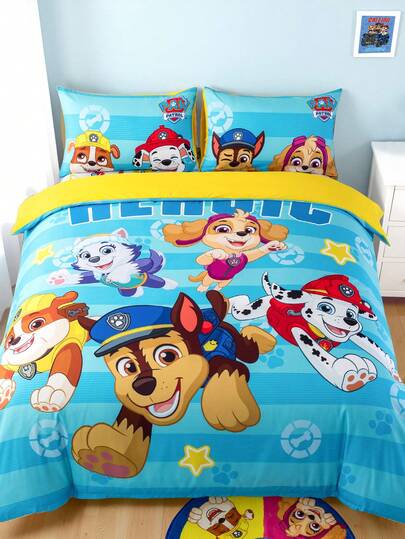 SHEIN | PAW Patrol 3pcs Cute Cartoon Pattern Duvet Cover Set, Brushed Material, Soft & Warm, Blue Striped Duvet Cover, Multiple Sizes Suitable For Twin/Full/Queen/King Bed, Back To School