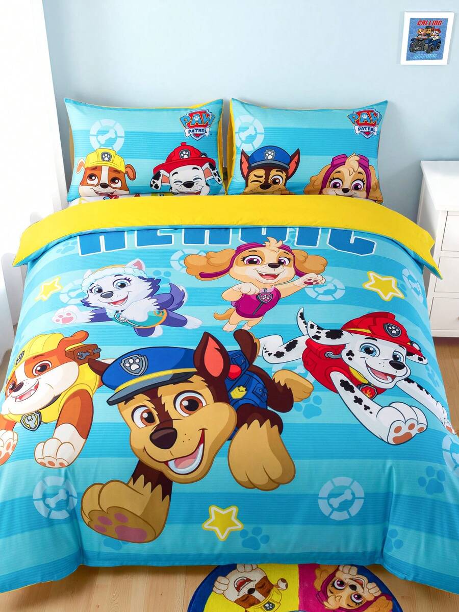 SHEIN | PAW Patrol 3pcs Cute Cartoon Pattern Duvet Cover Set, Brushed Material, Soft & Warm, Blue Striped Duvet Cover, Multiple Sizes Suitable For Twin/Full/Queen/King Bed, Back To School - Baby Blue - View 1