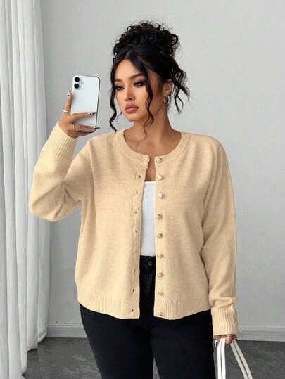 Elenzga Kardigan z długim rękawem i jednolitym kolorem w dużym rozmiarze, zapinany na złote guziki