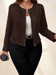 SHEIN Clasi Áo khoác da lộn giả màu đen cỡ lớn cho nữ, thanh lịch cho trang phục đi làm hàng ngày và công sở - Cà phê nâu - Xem 1