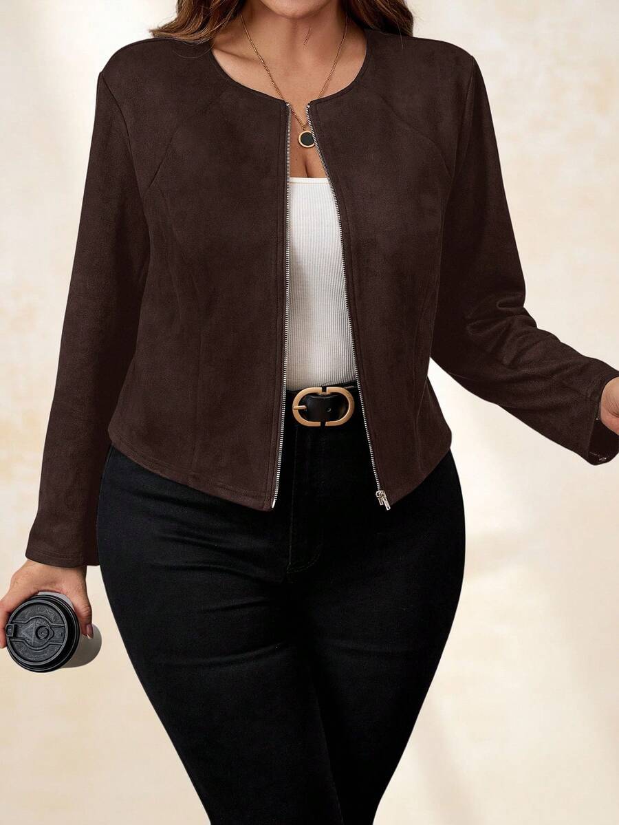 SHEIN Clasi Áo khoác da lộn giả màu đen cỡ lớn cho nữ, thanh lịch cho trang phục đi làm hàng ngày và công sở - Cà phê nâu - Xem 1