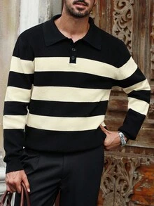 Manfinity Bizformal Men's Contrast Stripe Drop Shoulder Long Sleeve Half-Zip Fashionable Versatile Knit Sweater, For Fall Winter - Black and White - View 1