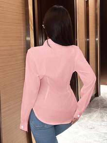 SHEIN LUNE 女士纯色长袖裹身衬衫，春秋女士衬衫 - 藕粉色 - 查看 2