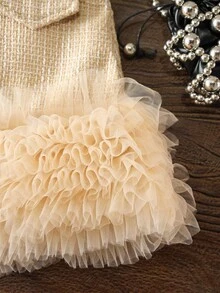 SHEIN Elladie kids 2pcs/Set Baby Girls' Autumn/Winter Back To School Outfit, 3 Months - 3 Years Old, Featuring: Khaki Dress With Multi-Layer Frill Tulle, And Ribbed High Neck Long Sleeve Sweater Top Fall - Khaki - View 6