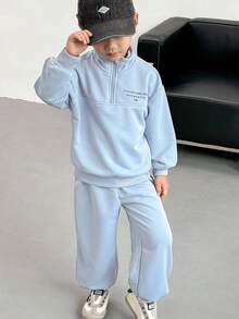 Genkimix Kids 2件套Young Boy字母印花休闲上衣+纯色锥形休闲裤 - 灰色 - 查看 4