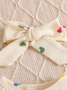 SHEIN Vintaside Kids Baby Girl Casual Heart Print Ruffle Trim Long Sleeve Jumpsuit, Autumn Fall Winter - Apricot - View 7