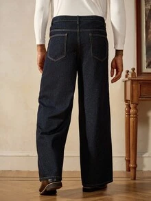 RivetRise 男士深蓝色宽松阔腿休闲牛仔裤 - 深色水洗藍 - 查看 2
