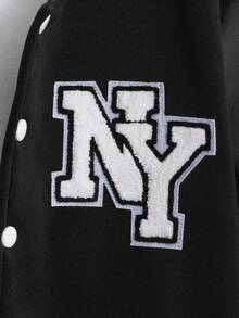 SHEIN Boys' Fleece Hooded Jacket With Letter Print, Campus Jacket, Sports Jacket, Autumn/Winter Fall Boys Jackets Fall Winter Boys Hooded Jacket Letterman Jacket Kids Boys Letter Jacket Jacket For Kids Boy - Black - View 3