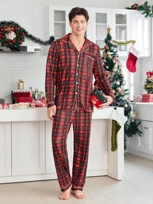 2pcs Christmas Plaid Comfortable Family Matching Pajama Set, Long Sleeve Top And Pants, Button-Up, Suitable For Loungewear And Outerwear, Men, Fall Winter Clothes
