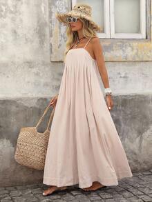 Brillora 纯色编织宽松细肩带连衣裙，女式，夏季 - 杏色 - 查看 3