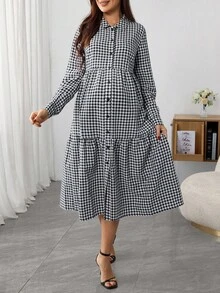 SHEIN 孕妇格子长袖单排扣荷叶边下摆休闲哺乳功能衬衫裙，秋季 - 黑與白 - 查看 4