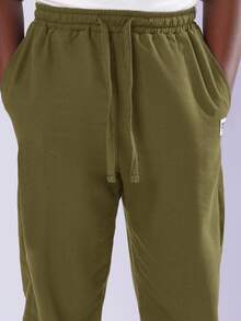 SUMWON 亚麻舒适抓绒慢跑运动裤，休闲抽绳腰直筒经典款，带侧袋，温暖冬季必备，秋季时尚日常穿着 - 軍綠色 - 查看 5