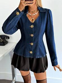 Siren Gaze 女式深蓝色牛仔夹克V领收腰长袖上衣金色金属纽扣性感古着风格玫瑰纽扣牛仔上衣女式牛仔衬衫秋季外套 - 深色水洗藍 - 查看 3