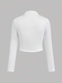 青少年女孩简单休闲弹力长袖 T 恤，基本款前拉链、立领和紧身长袖夹克，适合日常穿着，运动风格青少年白色夹克白色夹克青少年白色白色拉链夹克短款夹克白色短款夹克秋冬 - 白色 - 查看 2