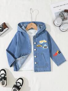Young Boys' Blue Hooded Denim Jacket,Autumn Career Day Collegiate Style Embroidered Patch Washed Fabric Distressed Detail Loose Fit Street Outerwear - Blue - View 5