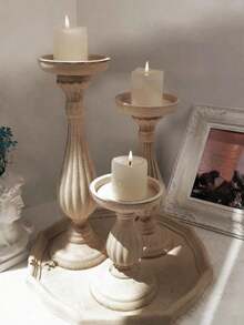 SHEIN 1 件欧式复古木质烛台手工雕刻素色烛台托盘摆件工艺礼品婚礼家居餐桌装饰