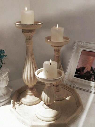 SHEIN 1 件欧式复古木质烛台手工雕刻素色烛台托盘摆件工艺礼品婚礼家居餐桌装饰