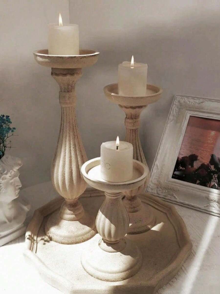 SHEIN 1 件欧式复古木质烛台手工雕刻素色烛台托盘摆件工艺礼品婚礼家居餐桌装饰