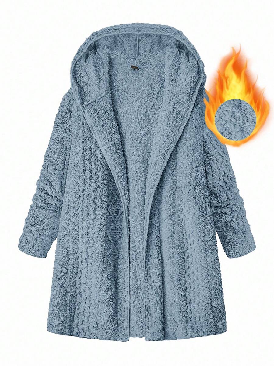 SHEIN Clasi Plus Size Women Zip-Up Fleece Hooded Jacket, Autumn/Winter - Blue - View 1