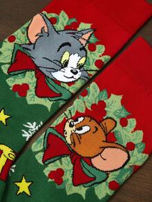 TOM & JERRY X SHEIN 柔軟透氣吸濕排汗休閒中筒襪 時尚節慶綠中筒襪 加強腳趾與腳跟耐穿性 中性冬季禮物 - 彩色 - 查看 4