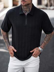 Manfinity Homme Textured Knit Polo Short Sleeve Men's Loose Fit Half Sleeve Collared Minimalist T-Shirt Textured Polo Shirt - Black - View 3