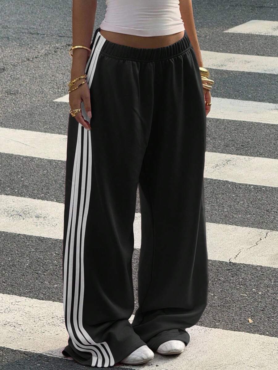 Quần nỉ nữ màu đen dệt kim kẻ sọc phối màu kiểu dáng thường ngày - màu đen - Xem 1