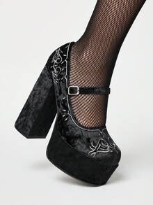 ROMWE Goth Women's Spring/Autumn New Strap Embroidered Pattern High Heel Platform Pumps For Christmas Y2K 2000s Style - Black - View 4