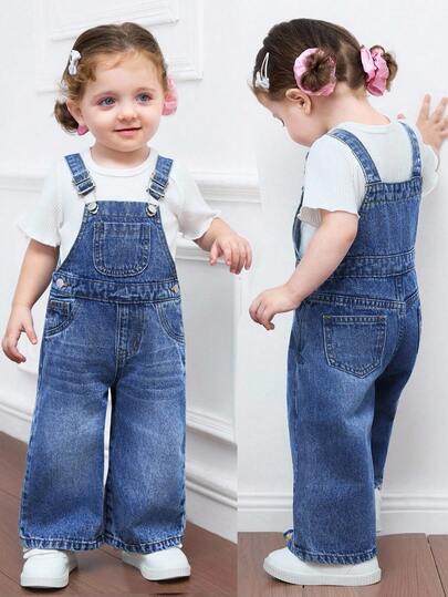 SHEIN Pantalones de peto de mezclilla azul lindos para bebé niña, atuendos casuales de vacaciones campestres, atuendos de playa para niñas, atuendos de graduación, ropa casual y cómoda para niños en otoño