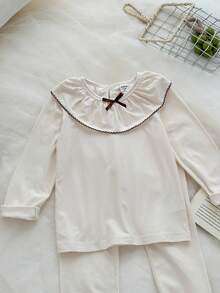 SHEIN Spring/Autumn New Korean Style Sweet Young Girls Set, Floral Trim Round Neck Long Sleeve Top + Slim Fit 2 Pieces Comfortable Casual Outfit Fall Winter - Apricot - View 4